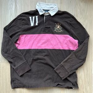 Vintage Polo Ralph Lauren Rugby Shirt Brown Pink Stripe VI Logo XL 90's